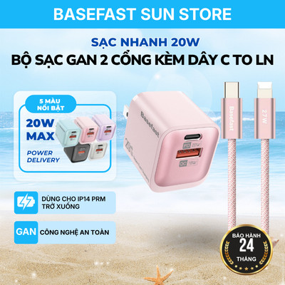 Bộ Sạc Nhanh 20W Basefast Củ Gan 2 Cổng Kèm Cáp Dù Type C To LN 1M