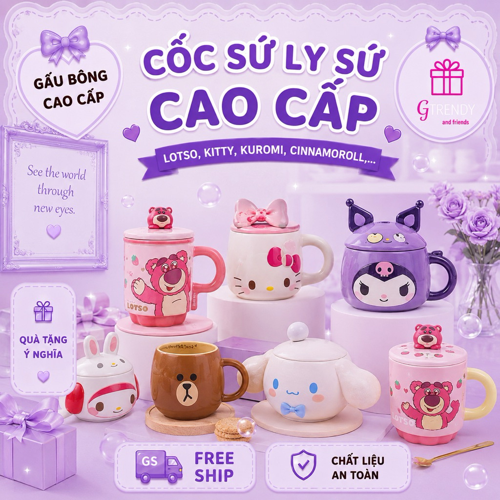 Cốc Sứ Ly Sứ Cao Cấp Dễ Thương Kitty, Kuromi, Gấu Dâu, Gấu Nâu, Chó Shiba Đáng yêu kèm Muỗng