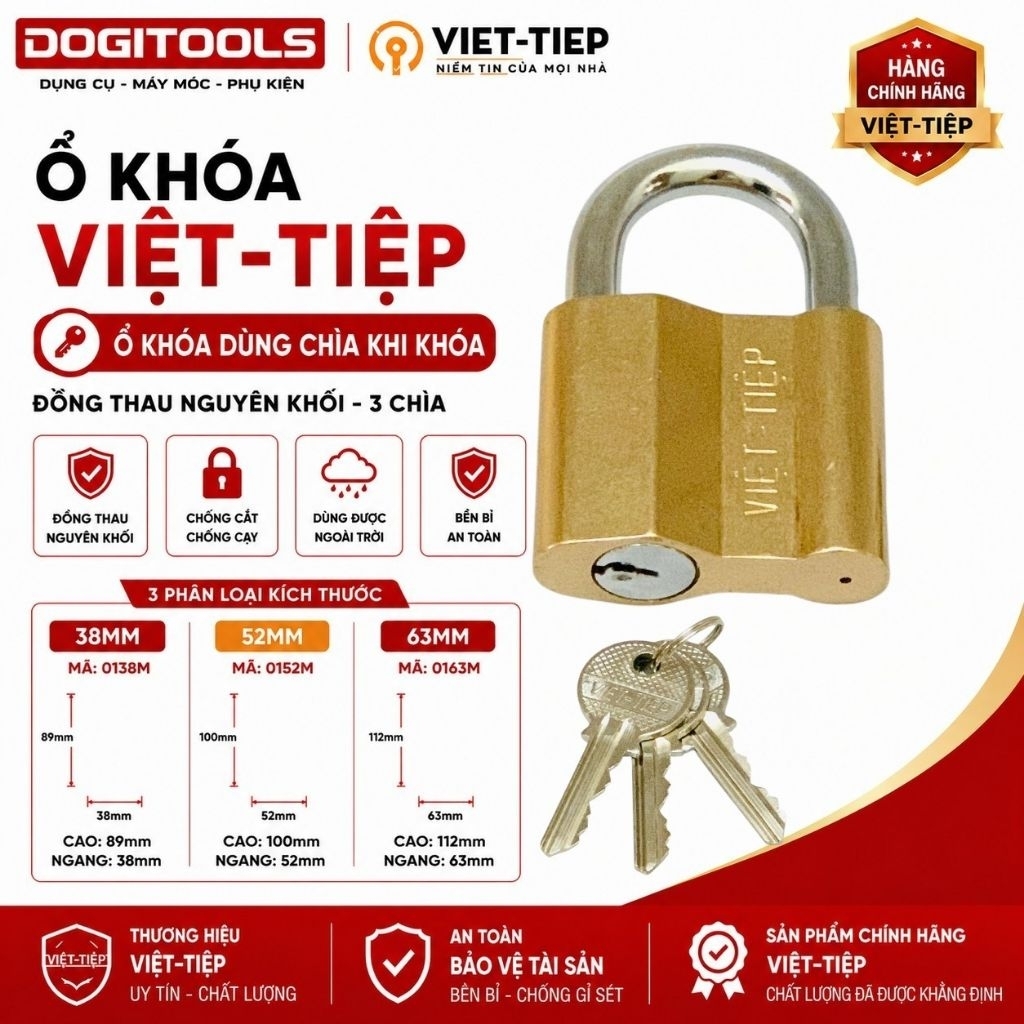 Ổ Khóa Cửa Việt Tiệp Đồng Thau 3 Chìa, Dùng Chìa Khi Khóa, Chống Nước 0138M 0152M 0163M