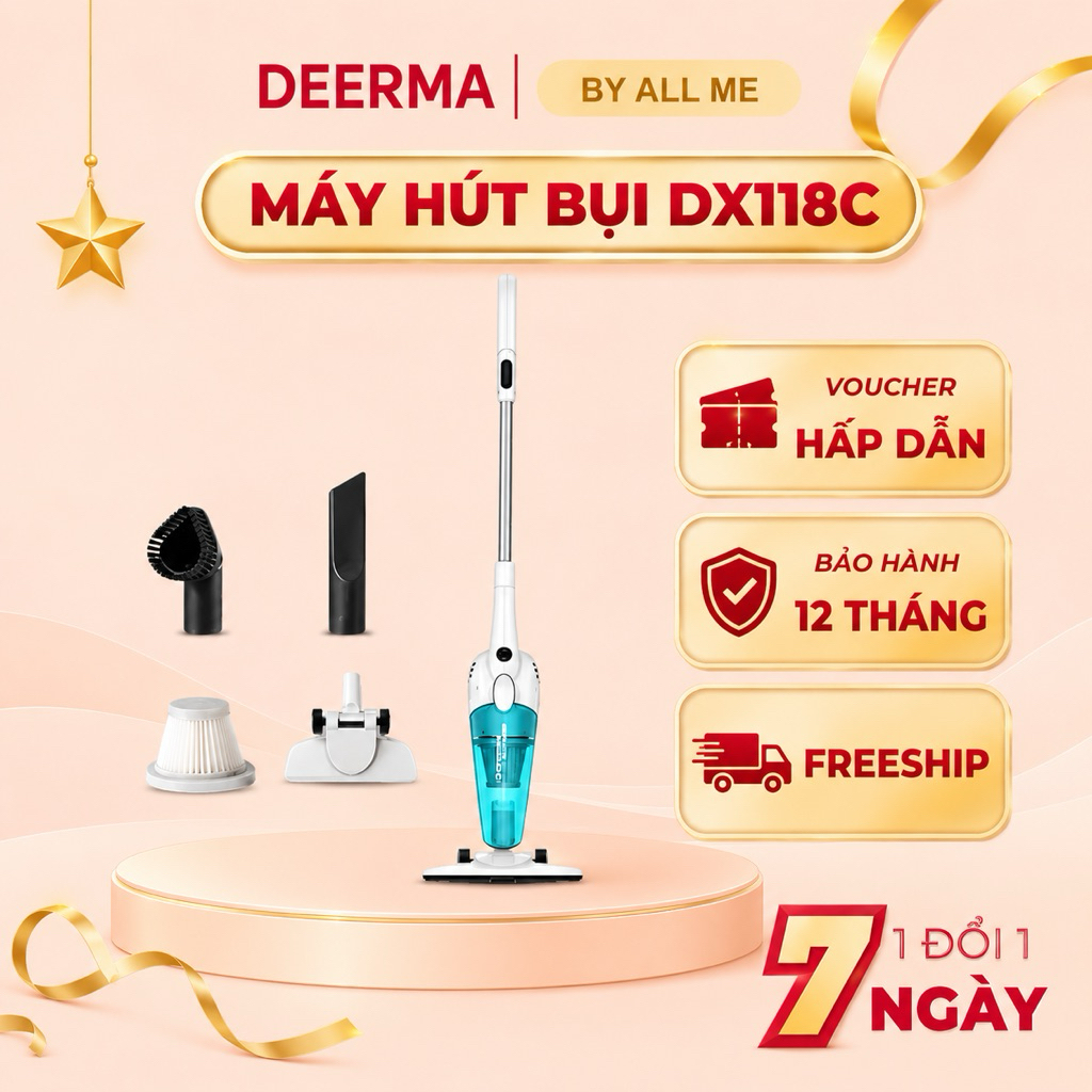 (Bản Quốc Tế )Máy Hút Bụi Cầm Tay Deerma DX115C/DX118C/DX120C hút siêu mạnh kèm 3 đầu hút Bảo Hành 1