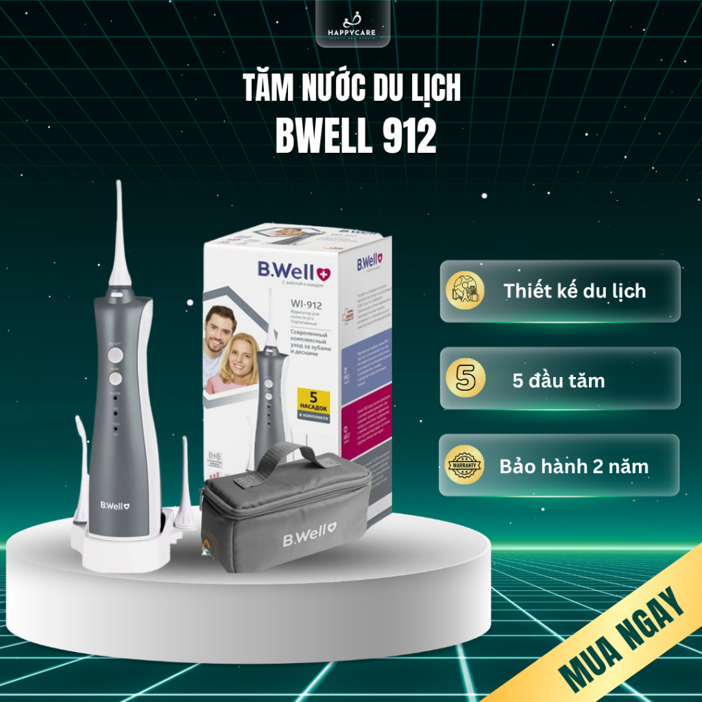 Bwell WI 912 - Tăm nước du lịch BWell 912 Thụy Sỹ - 5 đầu tăm - BH 2 năm 1 đổi 1 máy mới toàn quốc