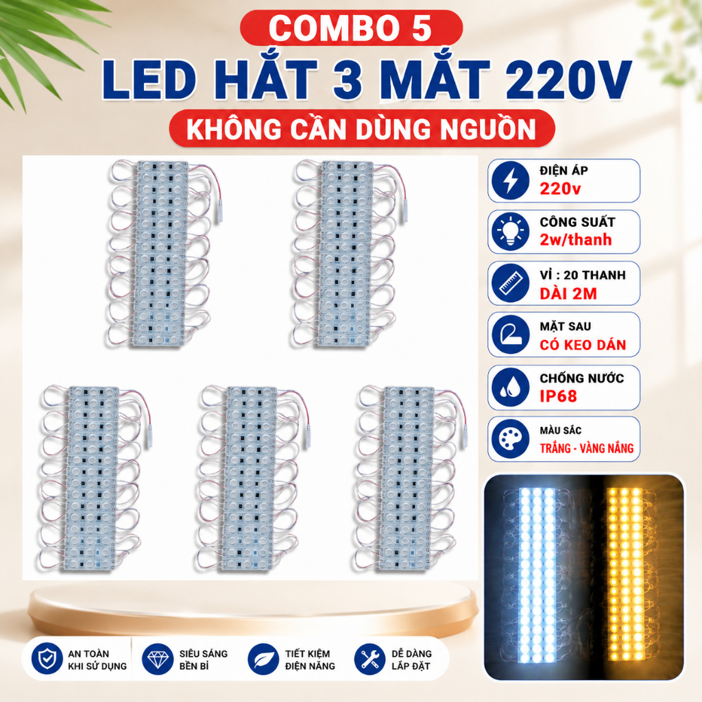 Combo 5 vỉ Đèn LED hắt 3 mắt 220V - LED Module hắt Biển hiệu, trang trí quán xá, nhà cửa Điện áp 220