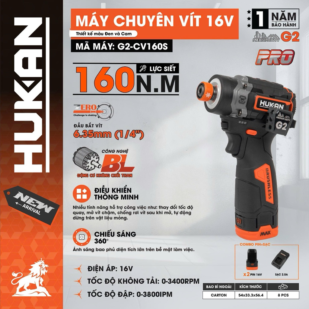 Máy chuyên vít HUKAN GEN2 G2-CV160S,Lực siết 160Nm,Bảo hành 1 năm