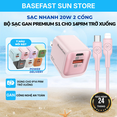 Bộ Sạc Nhanh Basefast GaN B28 PD20W Củ Sạc 2 Cổng Mini Kèm Cáp Silicone Cho X/11/12/13/14 Pro Max