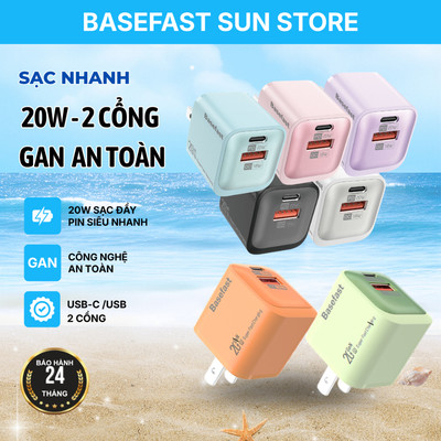Củ Sạc nhanh 20w 2 Cổng Basefast, công nghệ GaN USB-TYPE C cho các dòng điện thoại