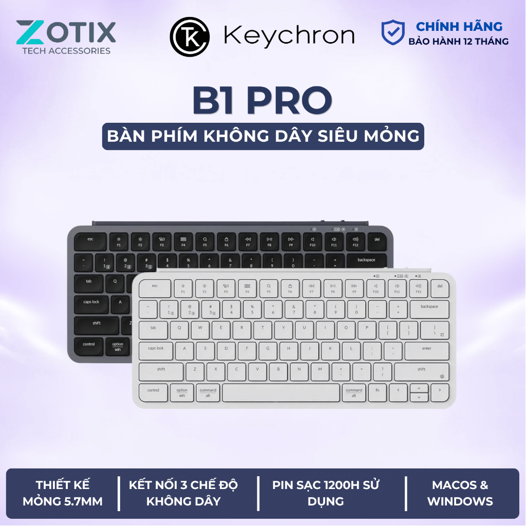Bàn phím không dây Ultra Slim 75% Keychron B1 Pro Ultra-Slim Wireless 1200H Pin sử dụng phù hợp sử d