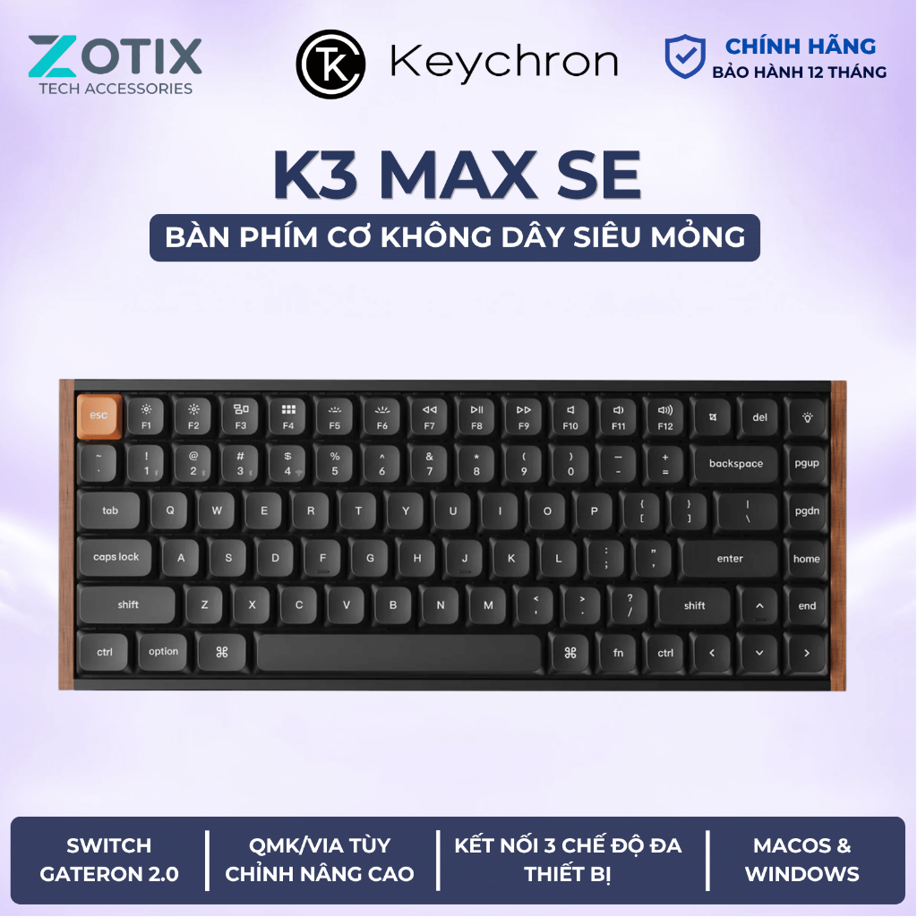 Bàn phím cơ Ultra Slim 75% Keychron K3 Max SE Ultra Slim Hot Swap RGB phù hợp với mọi thiết bị kết n