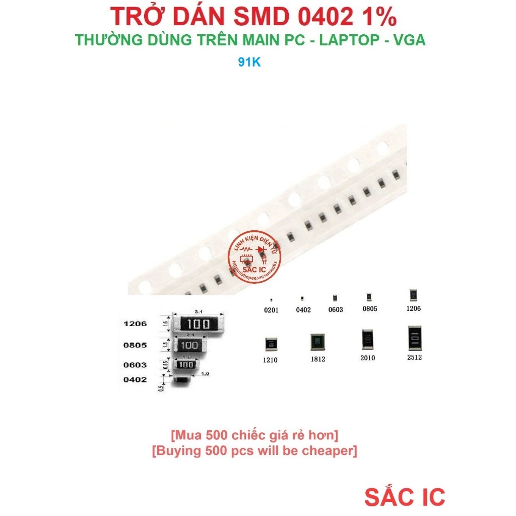 Trở dán 0402 trị số trong 90K 91K