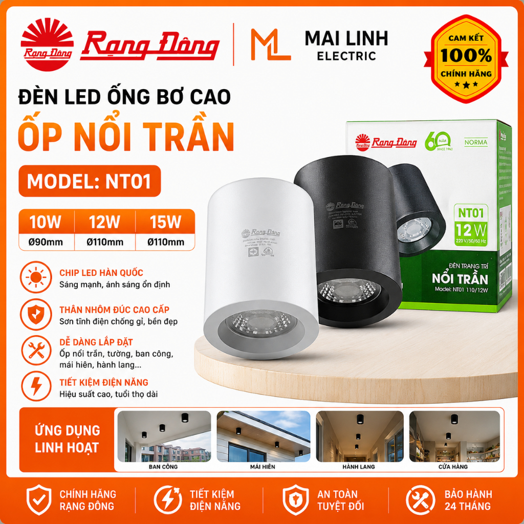 [Chính Hãng] Đèn Led ống bơ cao ốp nổi trần 10W-12W-15W Rạng Đông -Đèn Lon Trang trí ban công -Mái h