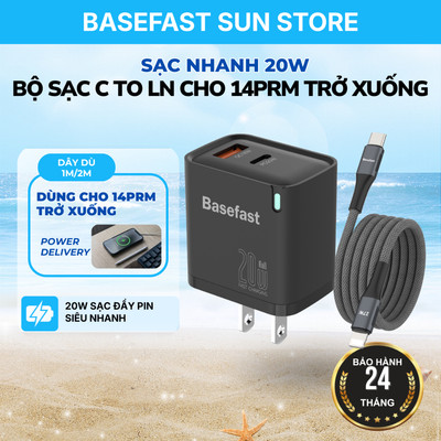 Bộ Sạc Nhanh 20W Basefast Củ sạc 2 Cổng(USB - Type C) kèm dây dù 1-2M Chân LN cho 8-14prm