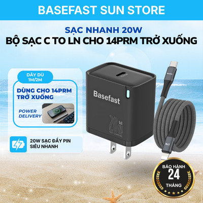 Bộ Sạc Nhanh 20W 1-2 Cổng Basefast kèm dây cáp Dù siêu bền C-LN 1-2M Cho 8-14PRM