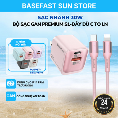 Bộ Sạc Nhanh 20W Basefast B28 GaN Củ Sạc 2 Cổng Type-C Và USB Kèm Cáp Dù Cho X 11/12/13/14 Series