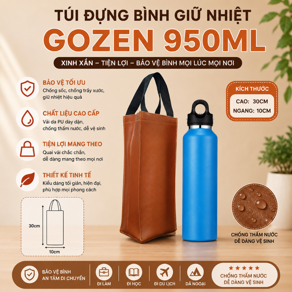 Túi Đựng Bình Nước Giữ Nhiệt Gozen 950ml - Chất Liệu Simili In