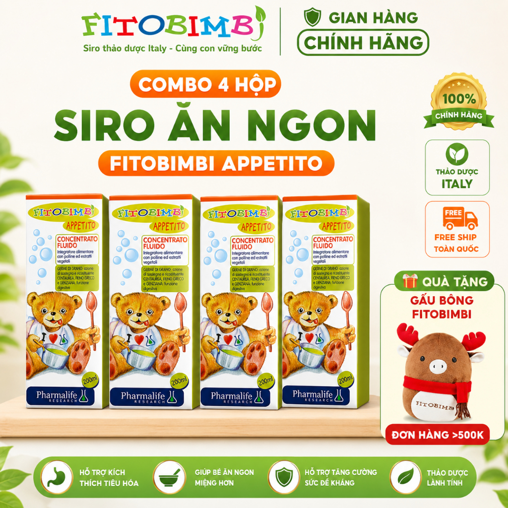 Combo 2 Siro Ăn Ngon Fitobimbi Appetito 3 Tác Động Giúp Hỗ Trợ Giảm Biếng Ăn Cho Bé, Ăn Ngon 200 ML