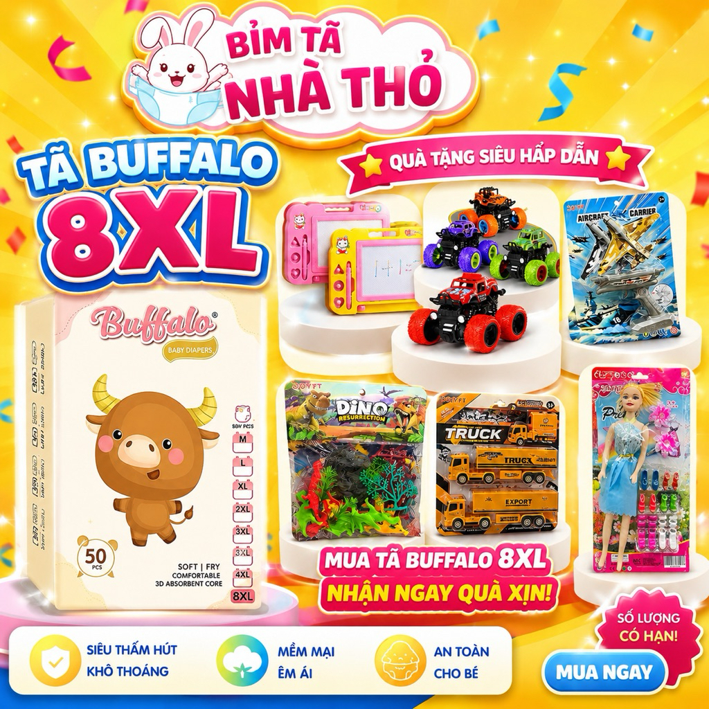 (có sz to 8XL) Bỉm trâu vàng buffalo, sz to cho bé 6XL,7XL,8XL. fom to bo mông, đa dạng mẫu hình