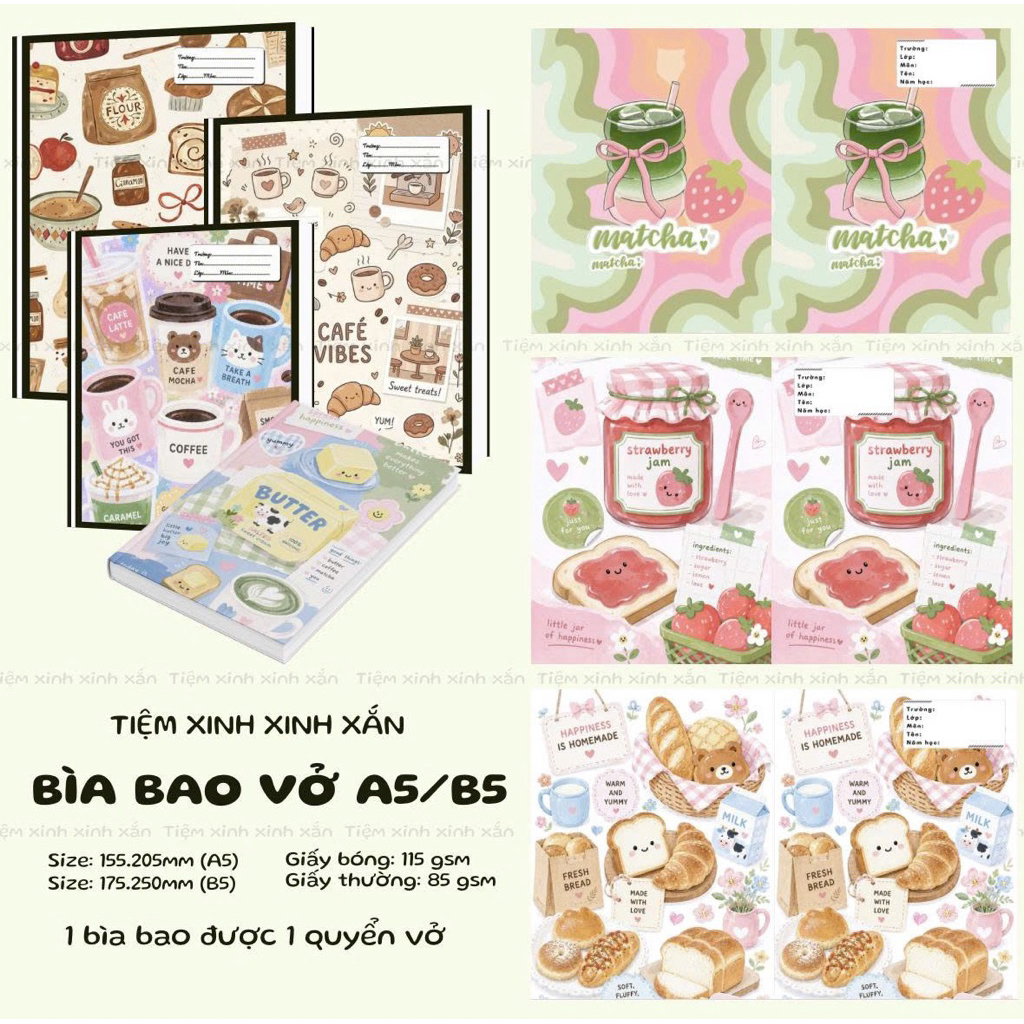 Bìa bao vở hoạ tiết xinh phù hợp vở ô li A5, vở sinh viên B5, nhãn in sẵn trên bìa -Tiệm xinh xinh x