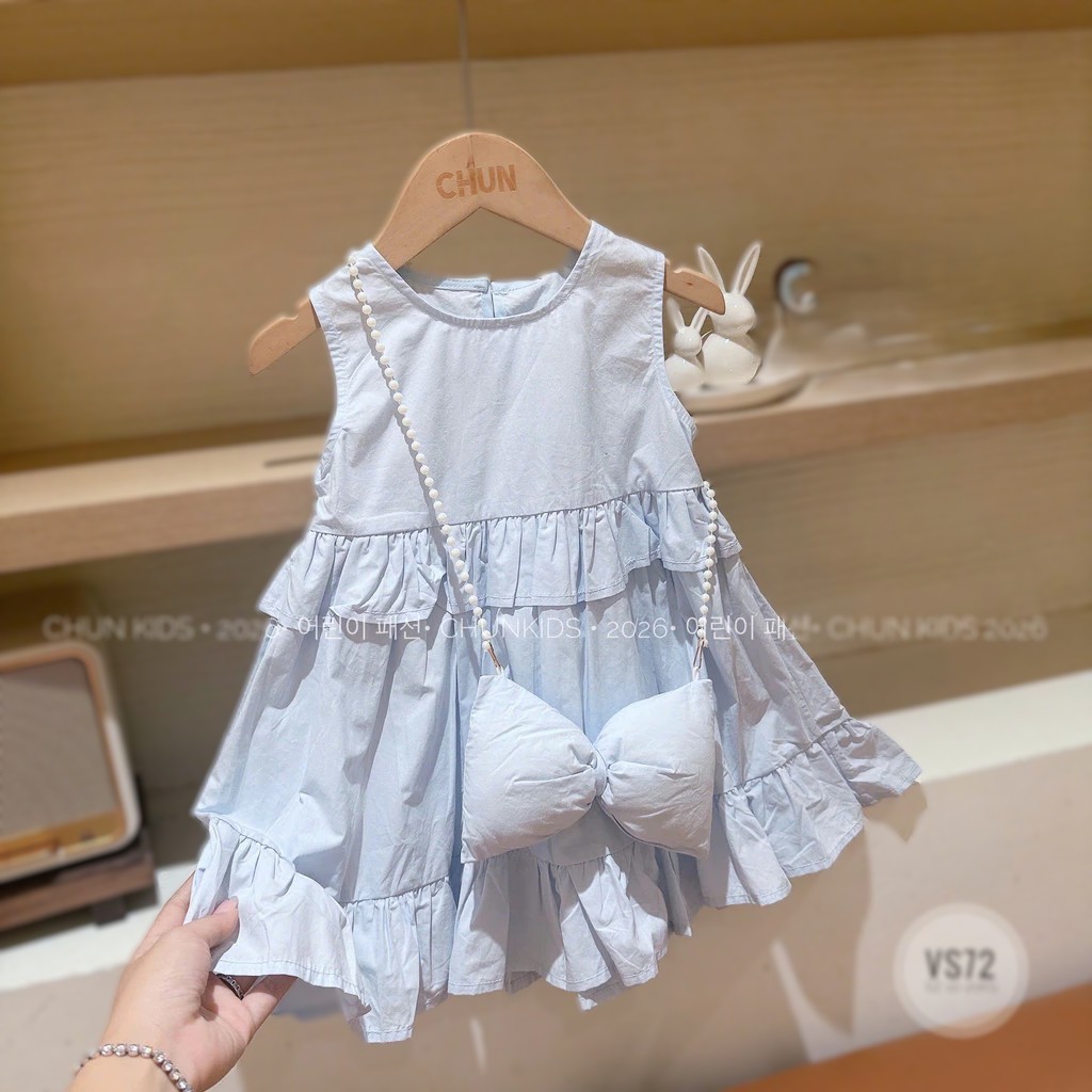 [HK6] Váy thô Hàn CHO BG vibe tiểu thư tối giản dập li bèo kèm túi nơ