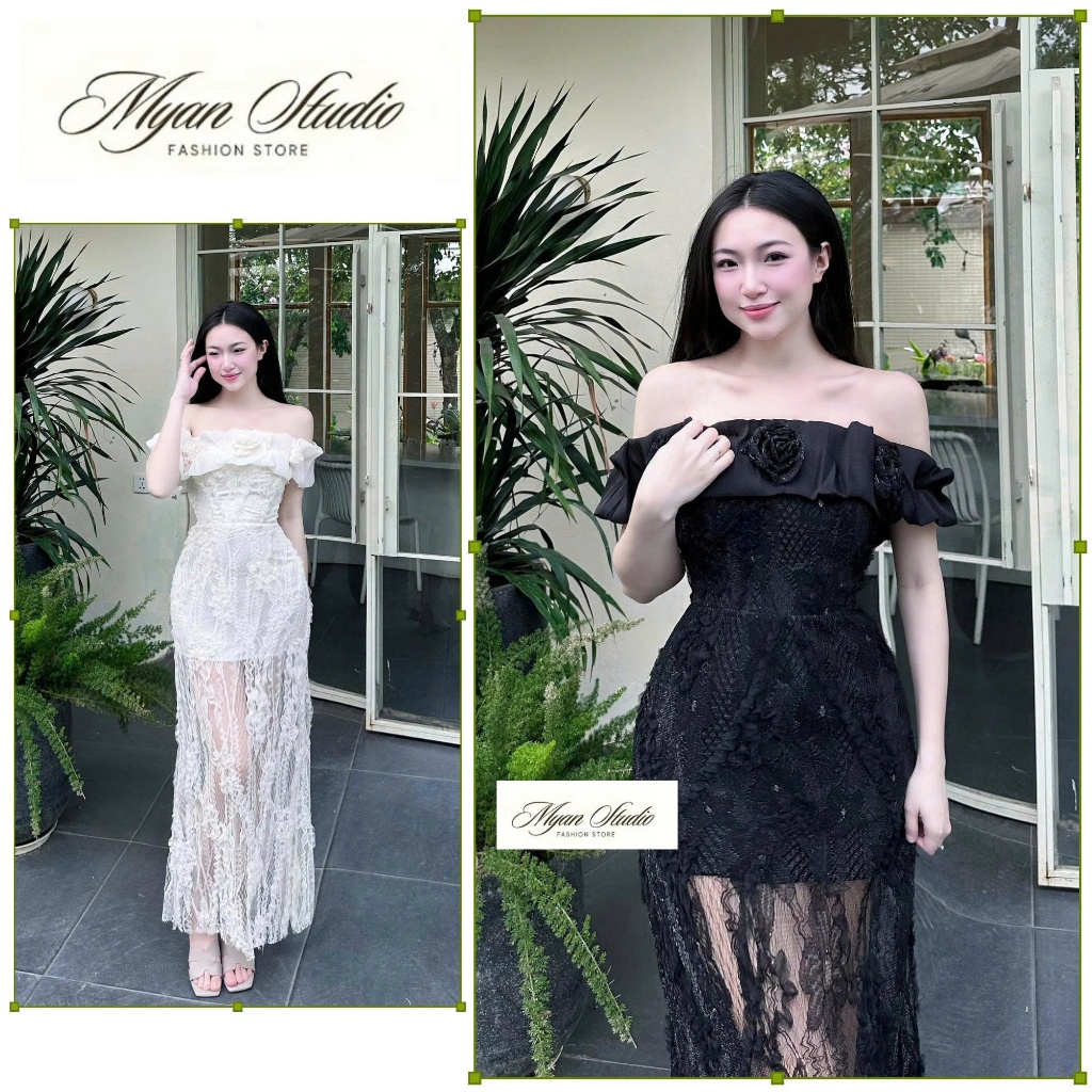 Đầm ren trễ vai cúp ngực tiểu thư, đính thêm hoa ngực xinh, đi tiệc cực xinh_Myan store [AL]