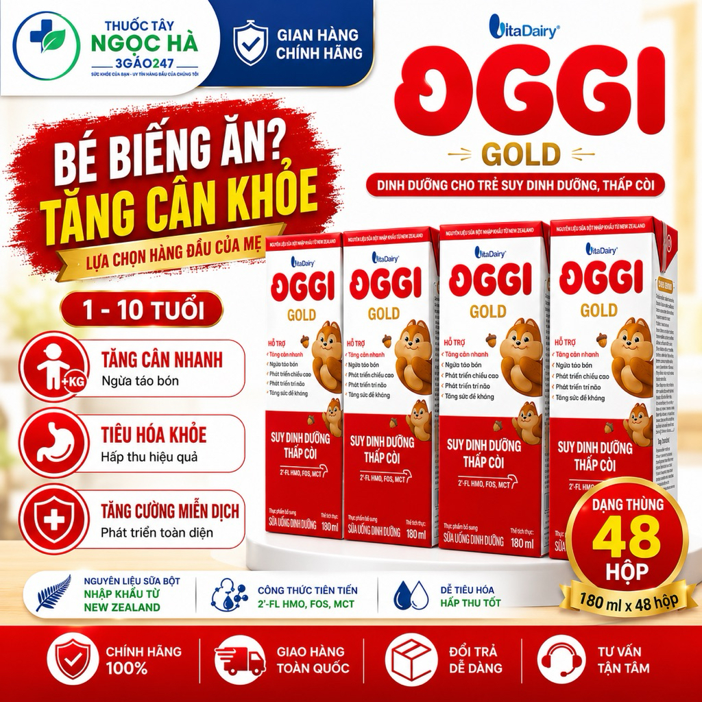 Sữa bột pha sẵn Oggi Gold dạng lốc 110ml vs 180ml