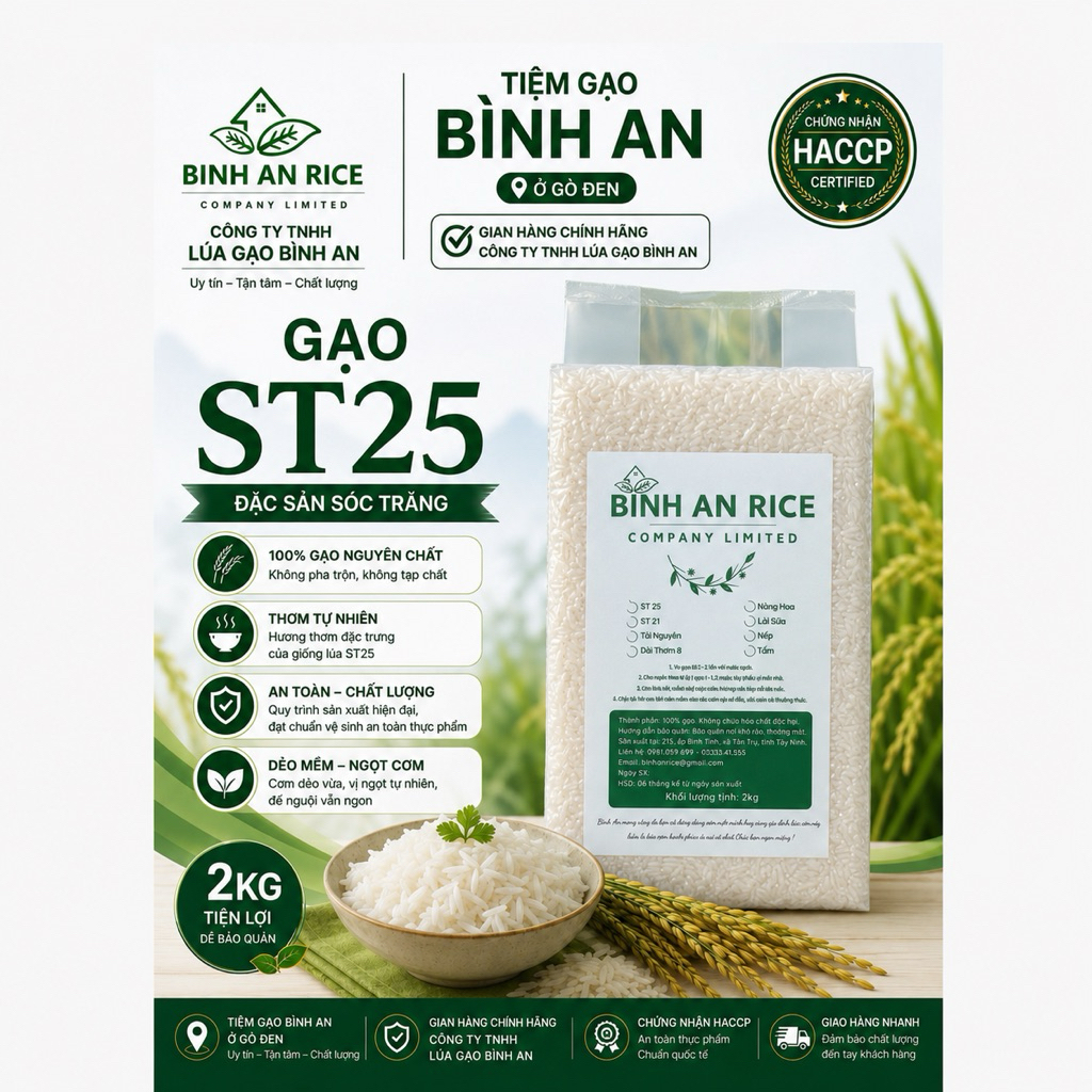Gạo ST25 đồng Đắk Lắk thượng hạng 2kg-Thơm dẻo đậm vị gạo ST25 Bình An