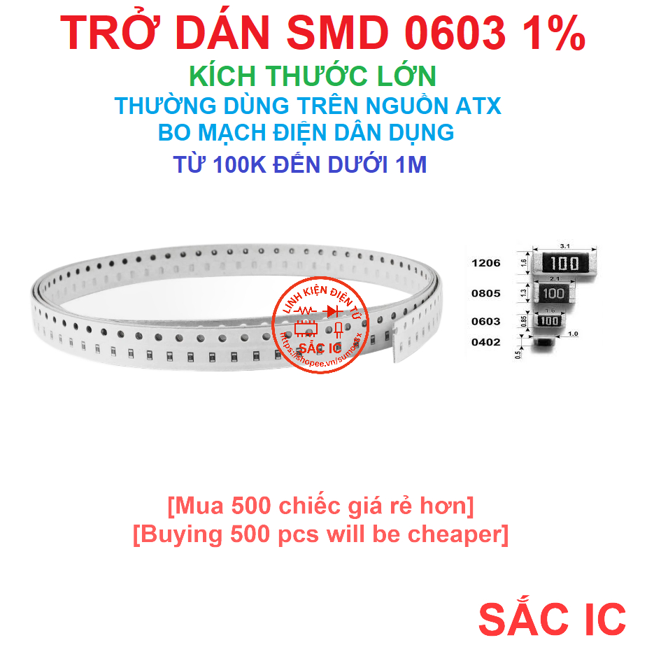 Trở dán 0603 trị số 100K đến dưới 1M (gói 100 con)