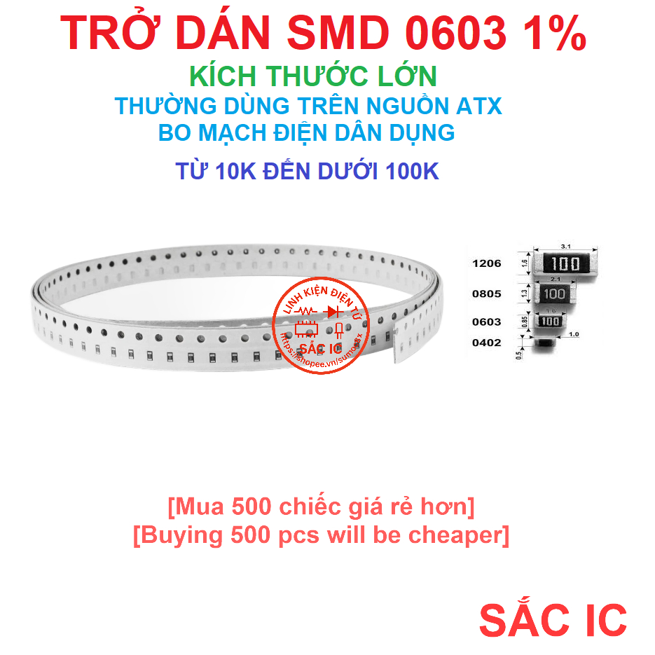 Trở dán 0603 trị số trên 10K đến 99.9K (gói 100 con)