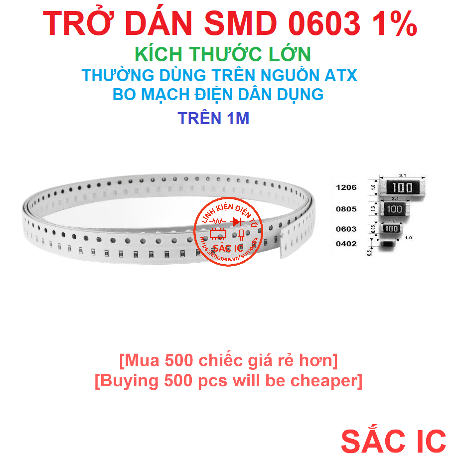 Trở dán 0603 trị số trên 1M dùng trong sửa chữa điện tử