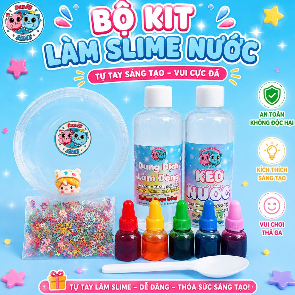 Bộ Kit Tự Làm Slime Nước Không Dính Tay - Slime Nước Trong Suốt Kèm Charm & Cốm Trang Trí Cho Bé