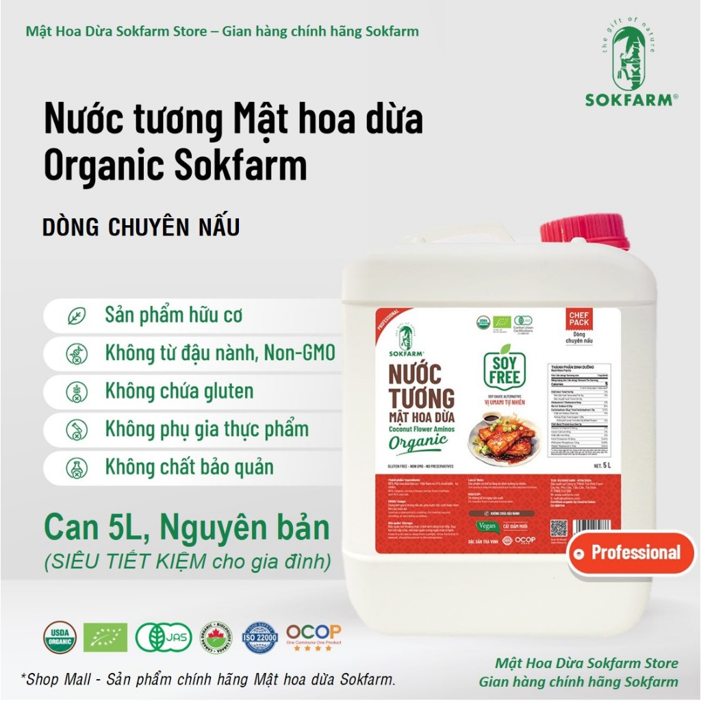 Nước tương mật hoa dừa organic sokfarm can 5 lít, nước tương can 5L cắt giảm muối vị umami tự nhiên