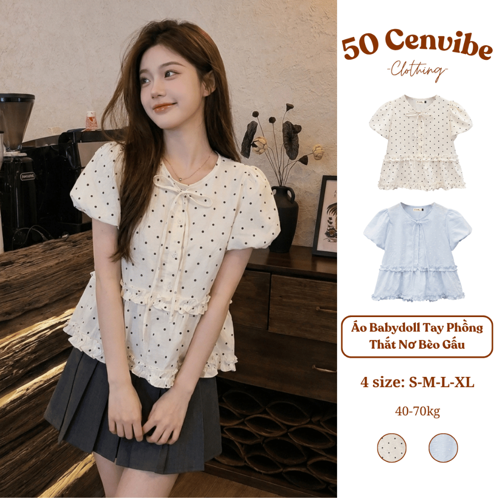 Áo Kiểu Nữ Babydoll Tay Bồng Thắt Nơ Cài Nút Form Suông Tiểu Thư Dễ Thương (50 Cenvibe.Clothing) #38