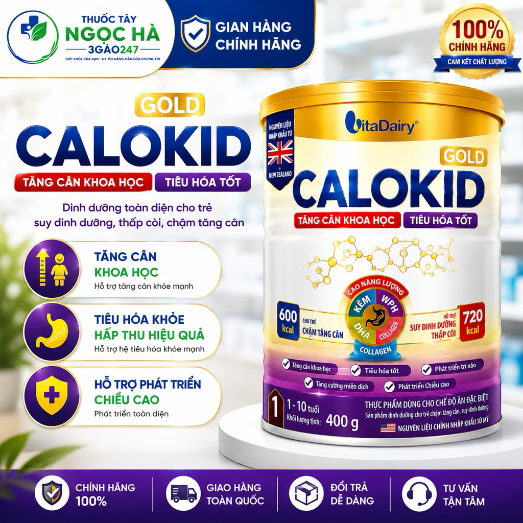 Sữa bột Calokid 1+ lon 400g giúp bé tăng cân khoa học - tiêu hoá tốt 1-10 tuổi