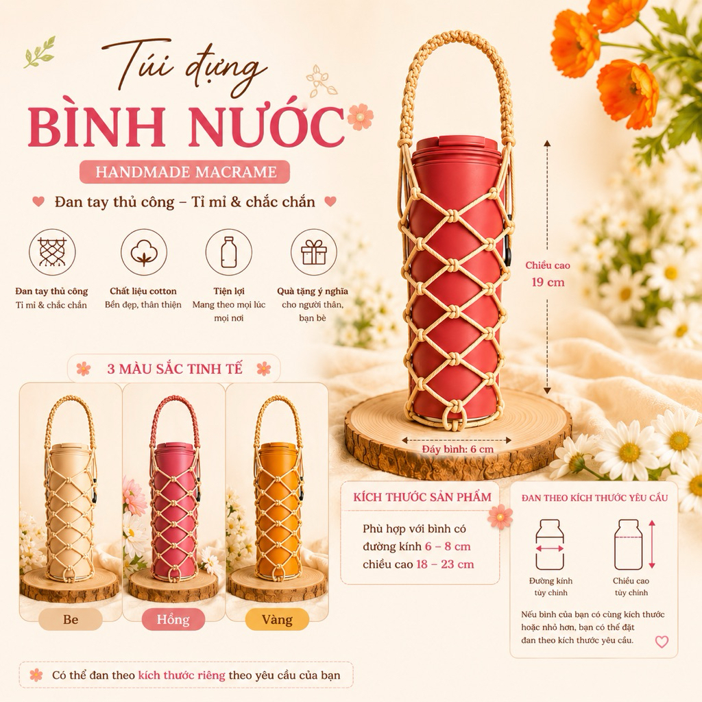 Túi Macrame đựng ly, bình giữ nhiệt thiết kế dễ thương 100% thủ công_Mimosa Handmade