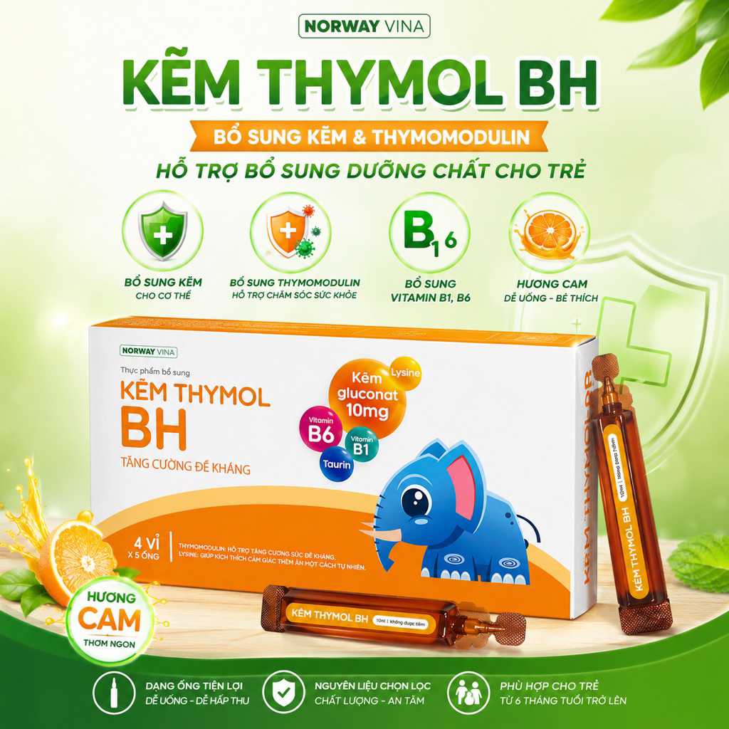 Kẽm Thymol BH 20 Ống Hương Cam - Bổ Sung Kẽm Gluconate, Thymomodulin, Vitamin B1 B6, Lysine Cho con 
