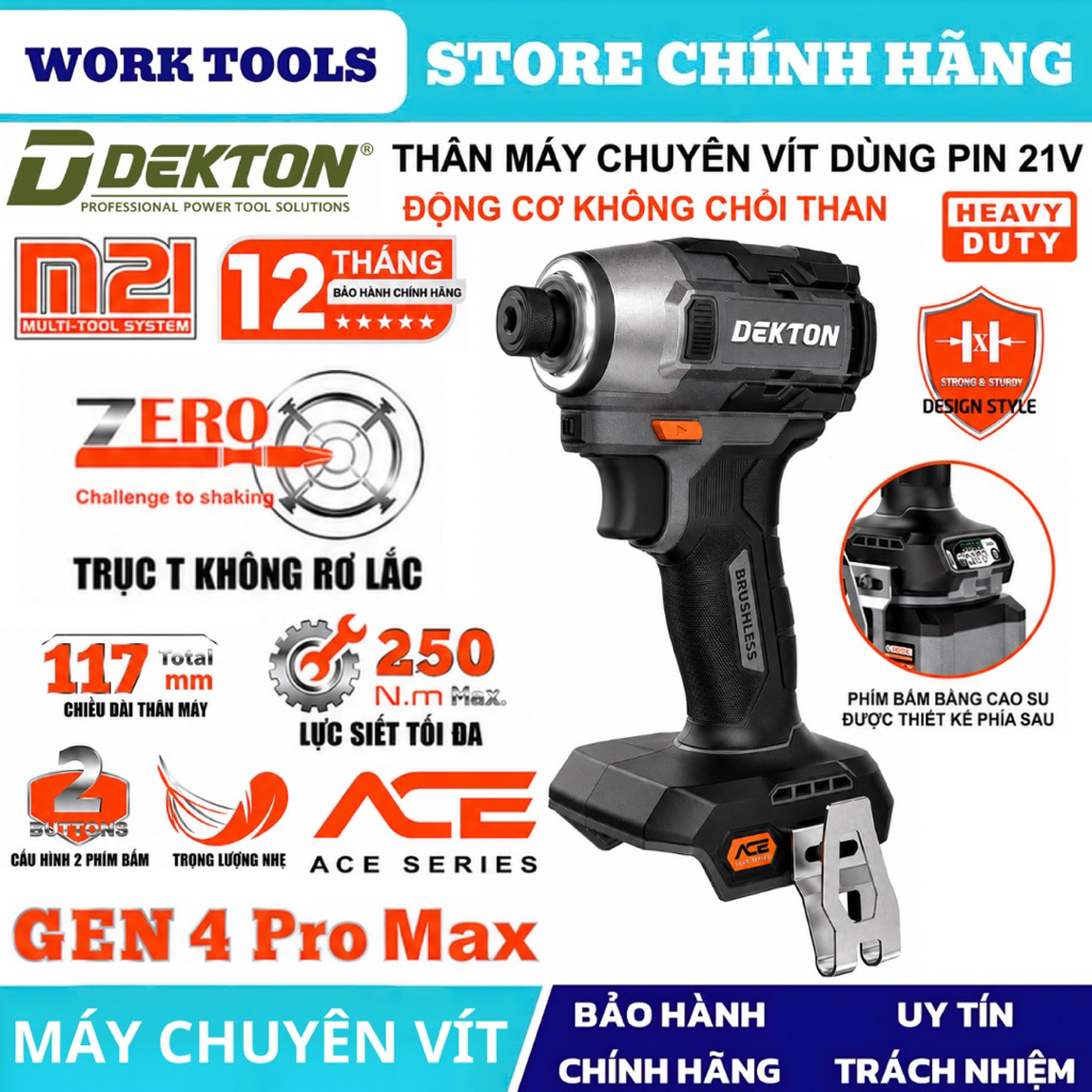 Máy chuyên vít DEKTON 250N.m dùng chân pin phổ thông 21V M21-CV250PROMAX
