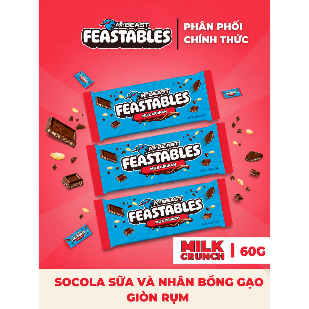 [Chính Hãng] Combo 3 Thanh Kẹo Socola Feastables MrBeast Phiên Bản Mới Vị Milk Crunch Thanh 60g