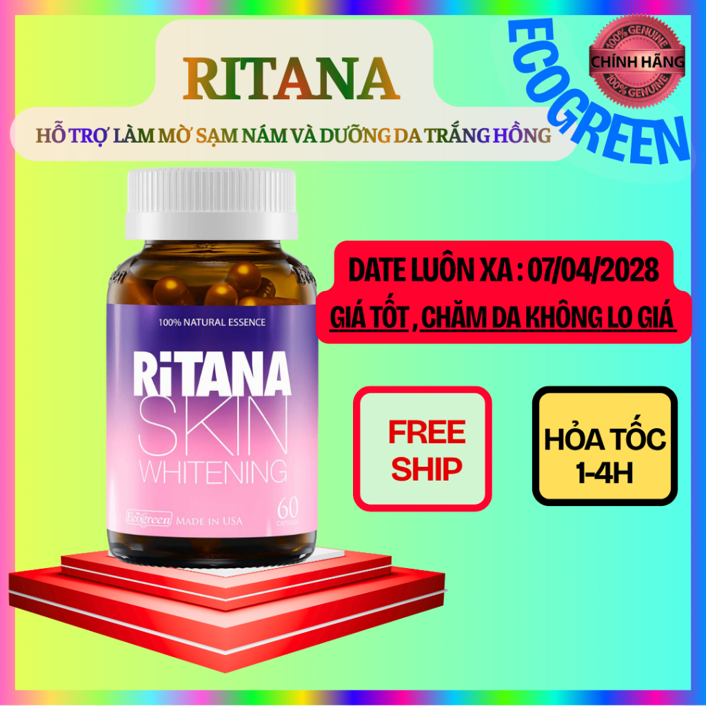 [Hộp 60 Viên] Viên uống RITANA - Trắng da mờ sạm nám với L-Glutathion, Sakura, Pomegranate, P.Leucot