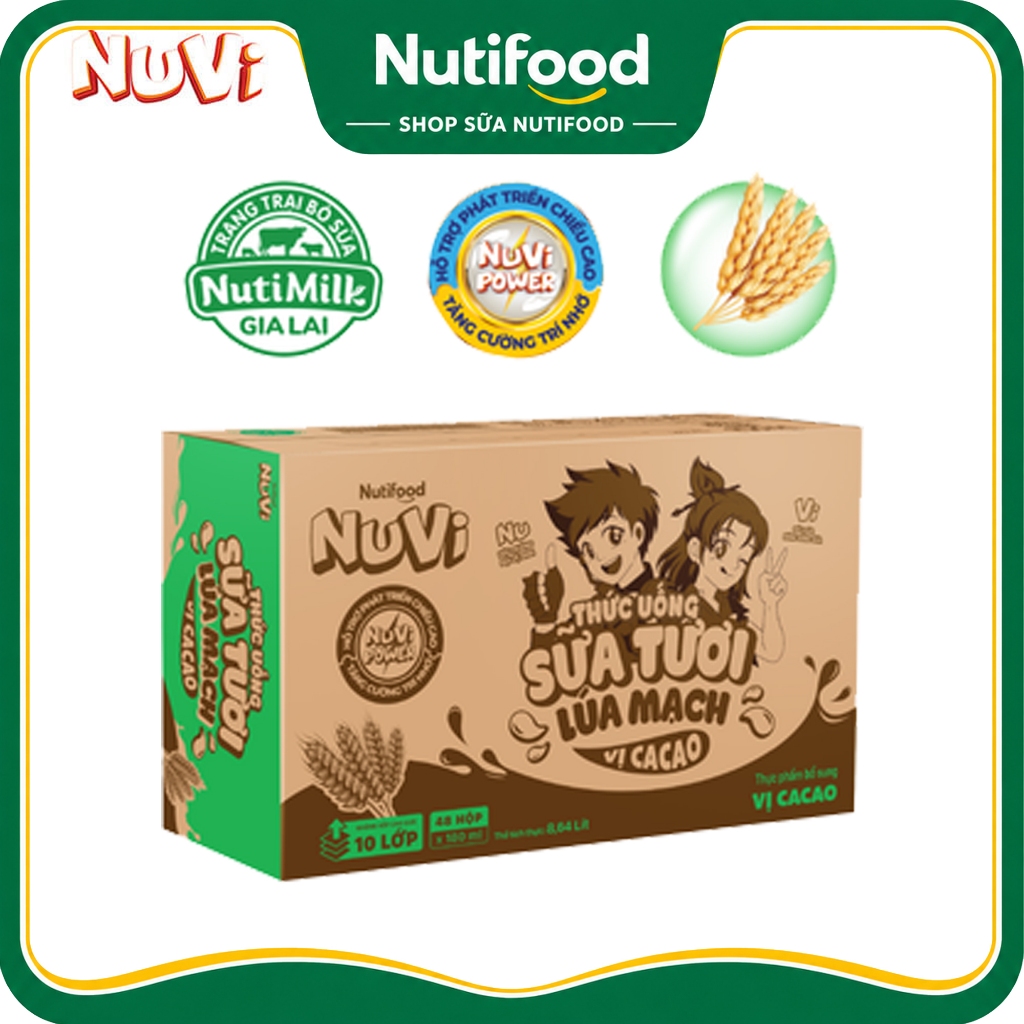 (MẪU MỚI) Thùng 48 hộp NuVi Sữa Tươi Lúa Mạch Vị Cacao 180ML/110ML - NUTIFOOD SHOP
