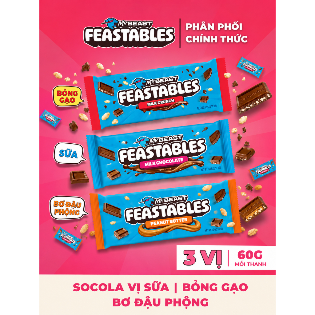 [Chính Hãng] Combo 3 Thanh Kẹo Socola Feastables MrBeast Phiên Bản Mới thanh 60g (Milk Crunch, Milk 