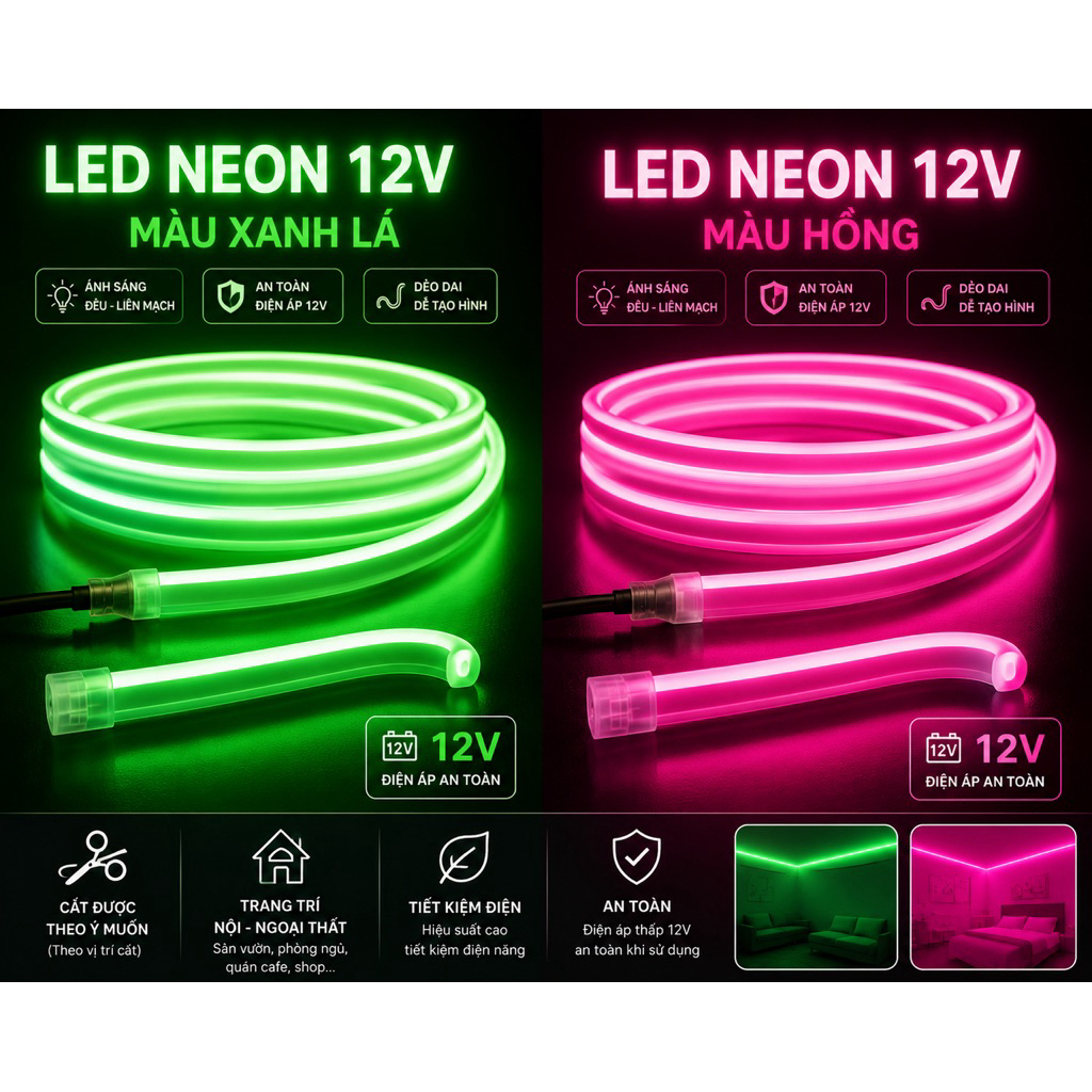 Dây đèn led Neon 12V mềm dẻo tạo hình theo ý muốn