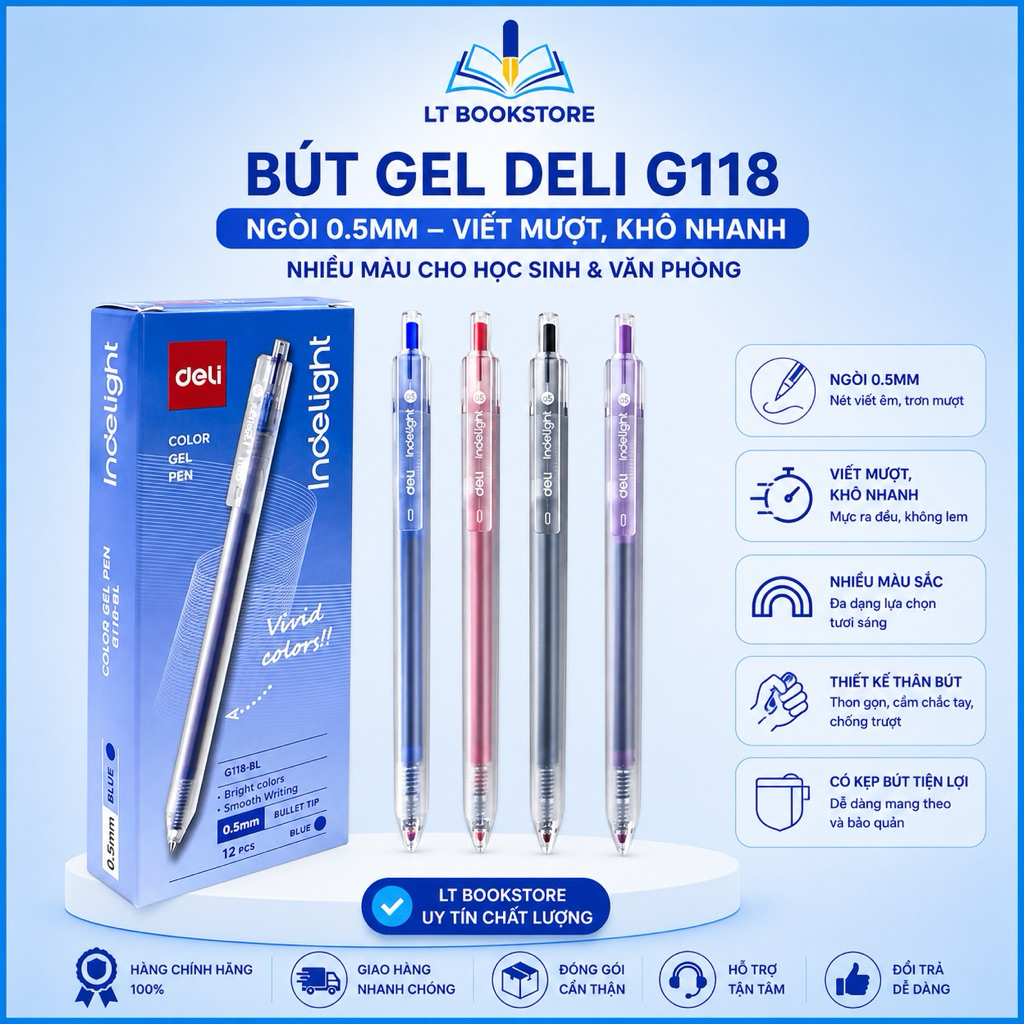 Hộp 6/12 Bút Gel Deli G118 Chính Hãng – Nét 0.5mm, Viết Mượt, Màu Sắc Tươi Sáng, Dành Cho Học Sinh &