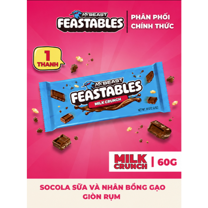 [Chính Hãng] Kẹo Socola Feastables MrBeast Phiên Bản Mới Vị Milk Crunch Thanh 60g