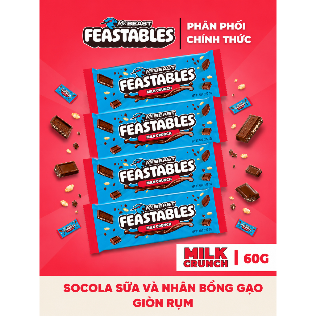 [Chính Hãng] Combo 4 Thanh Kẹo Socola Feastables MrBeast Phiên Bản Mới Vị Milk Crunch Thanh 60g