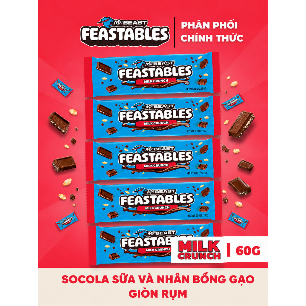 [Chính Hãng] Combo 5 Thanh Kẹo Socola Feastables MrBeast Phiên Bản Mới Vị Milk Crunch Thanh 60g