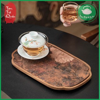 Khay trà gỗ óc chó tấm lót lụa họa tiết mẫu đơn