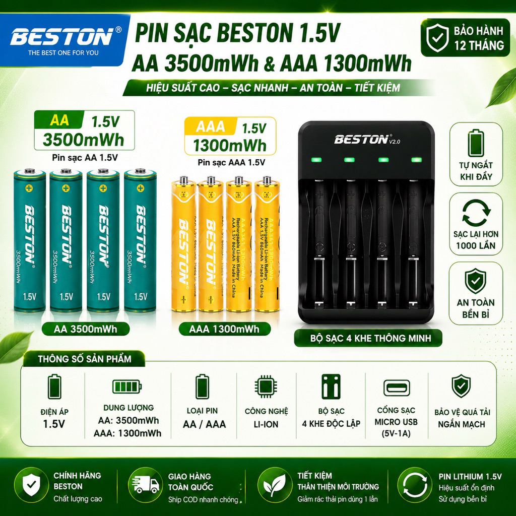 PIN SẠC 1.5V BESTON 2025 AA 3600 MWH| AAA 1300 MWH - SẠC PIN
