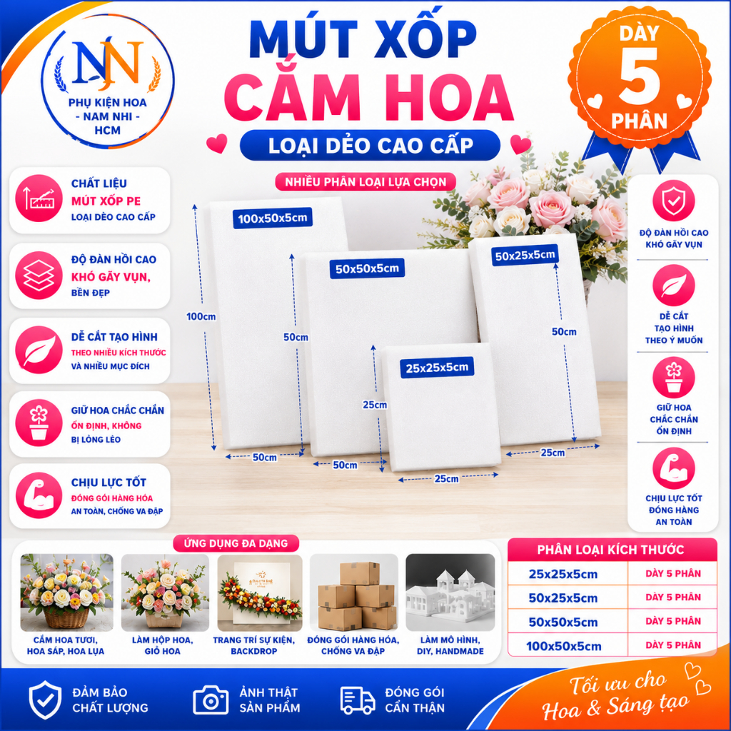 Mút Xốp Cắm Hoa 50X50 Dày 5Cm Loại Dẻo, Mút Trắng Cắm Hoa Cực Dễ, Mút PE Foam Xốp Đóng Gói Hàng Hóa