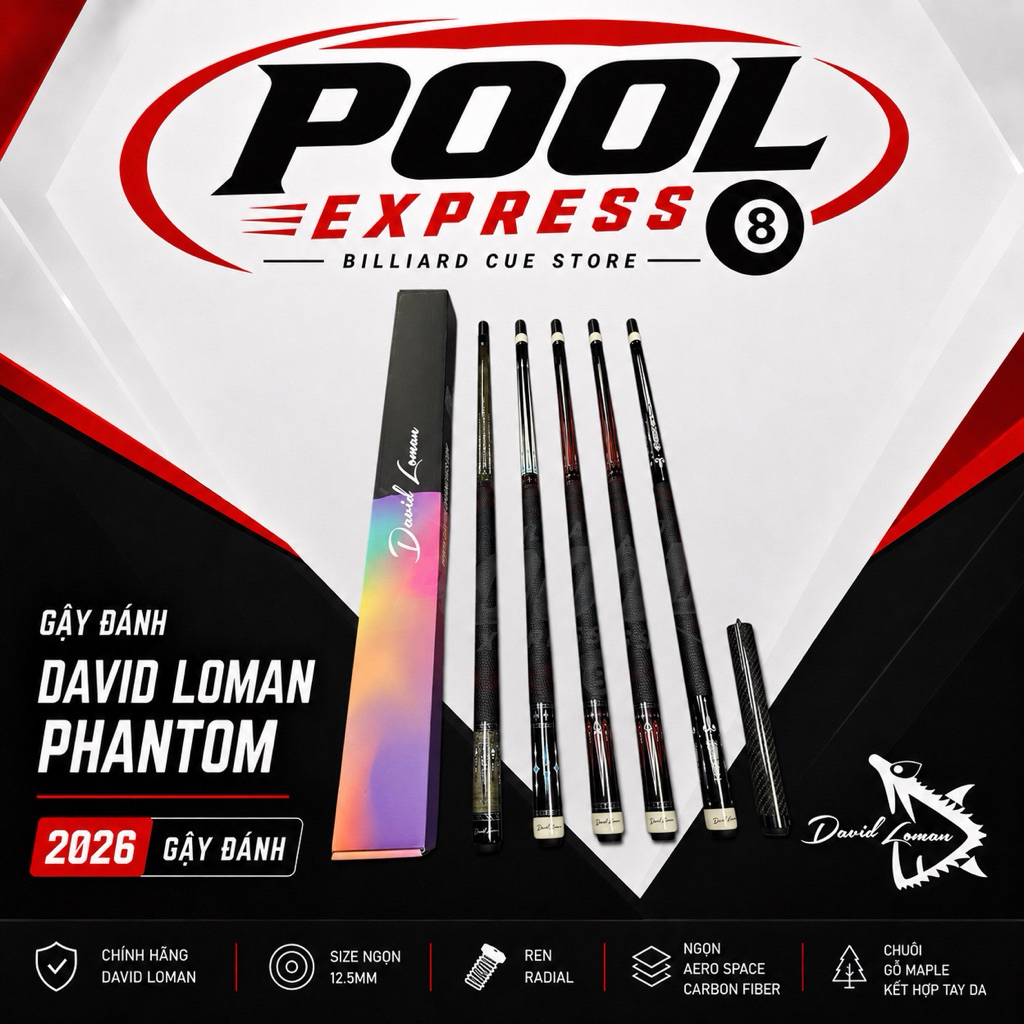 Gậy bi-a, Cơ bida David Loman Phantom (Chính hãng) kèm lựa chọn ngọn Classic/Skyline/Ultra/Pro Black
