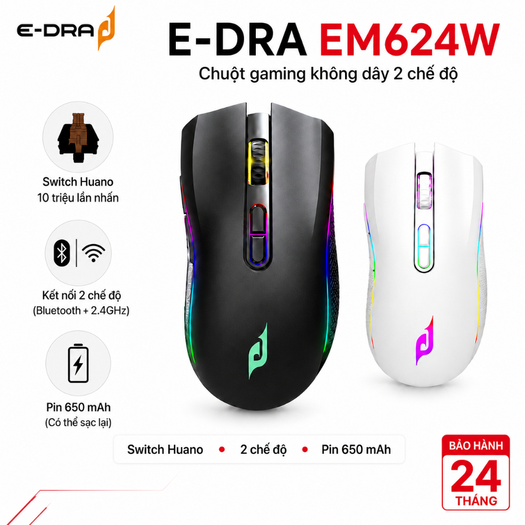 Chuột gaming Không Dây E-Dra EM624W Wireless 2.4GHz Bluetooth 5.0, LED RGB, 3600 DPI - Chính hãng