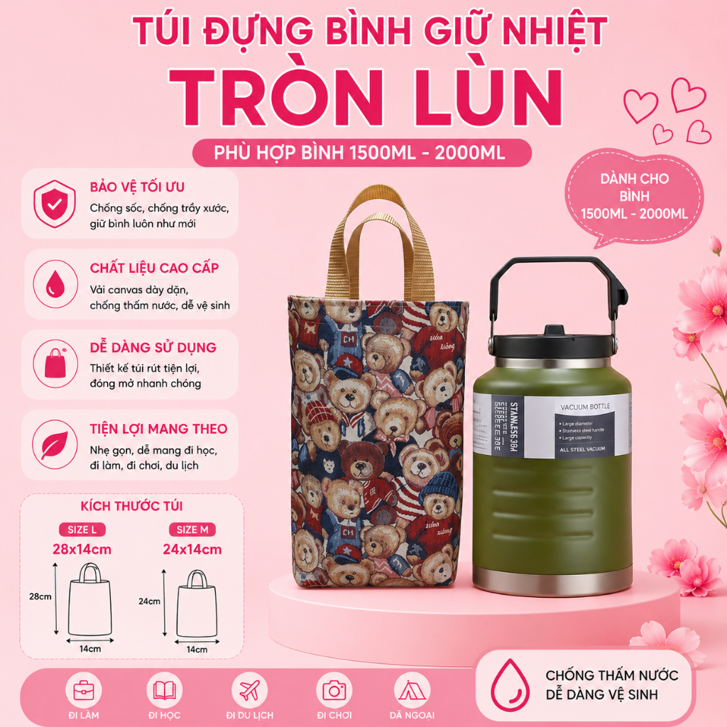 Túi Đựng Bình Giữ Nhiệt 2000ml/1500ml Giành Cho Loại Bình Tròn Lùn