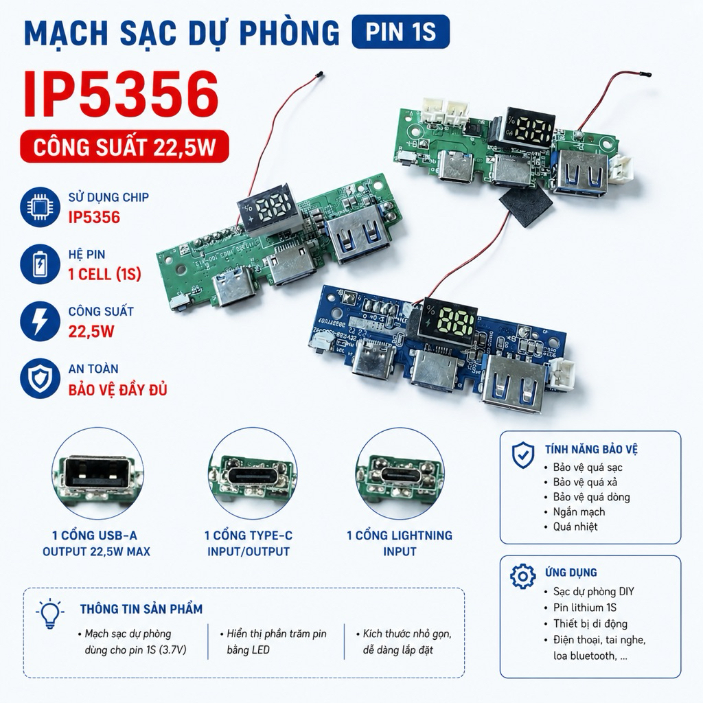 Mạch sạc dự phòng 22,5w chip ip5356 tiện lợi